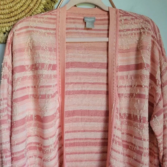Chico's, Pink Embroidered Striped Jacquard Silky Cardigan Sweater Size Large - Picture 4 of 10